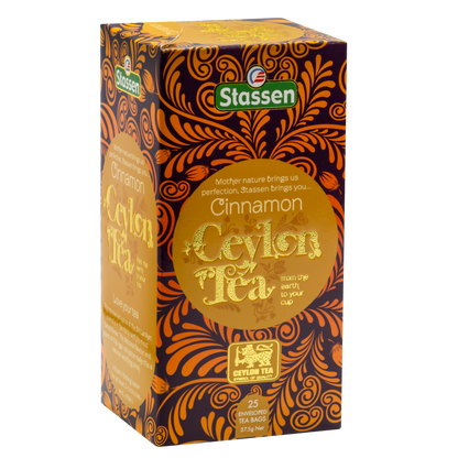Front opakowania herbaty Stassen Cinnamon Ceylon Tea w odcieniach złota i brązu.