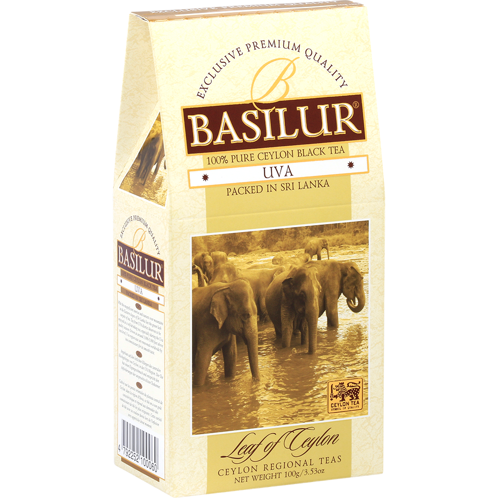 Bok pudełka Basilur Uva z detalami produktu.