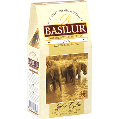 Bok pudełka Basilur Uva z detalami produktu.