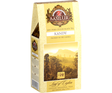 Widok boczny opakowania Basilur Kandy, herbata z regionu Ceylon.