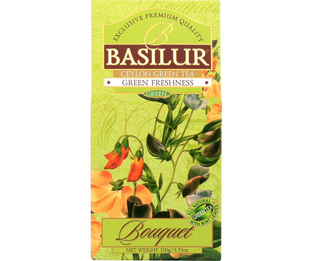 Przód opakowania herbaty Basilur Green Freshness z serii Bouquet, zielone tło z motywem kwiatów.