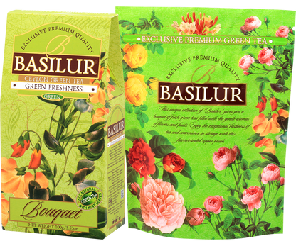 Opakowanie herbaty Basilur Green Freshness wraz z ozdobnym tłem z kwiatowym wzorem.