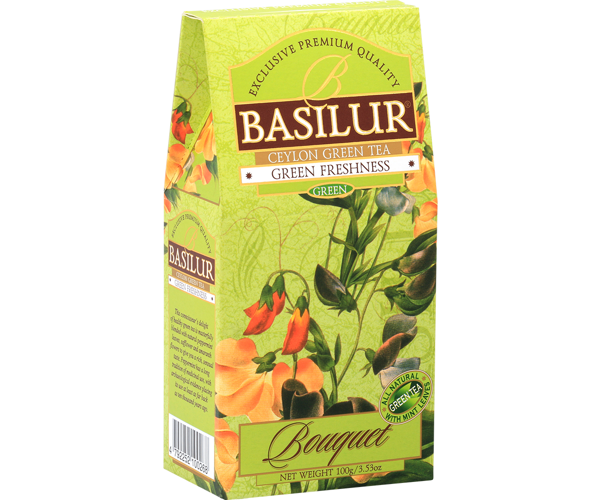 Herbata Basilur Green Freshness w eleganckim opakowaniu z serii Bouquet – zielona herbata premium.