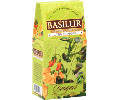 Herbata Basilur Green Freshness w eleganckim opakowaniu z serii Bouquet – zielona herbata premium.