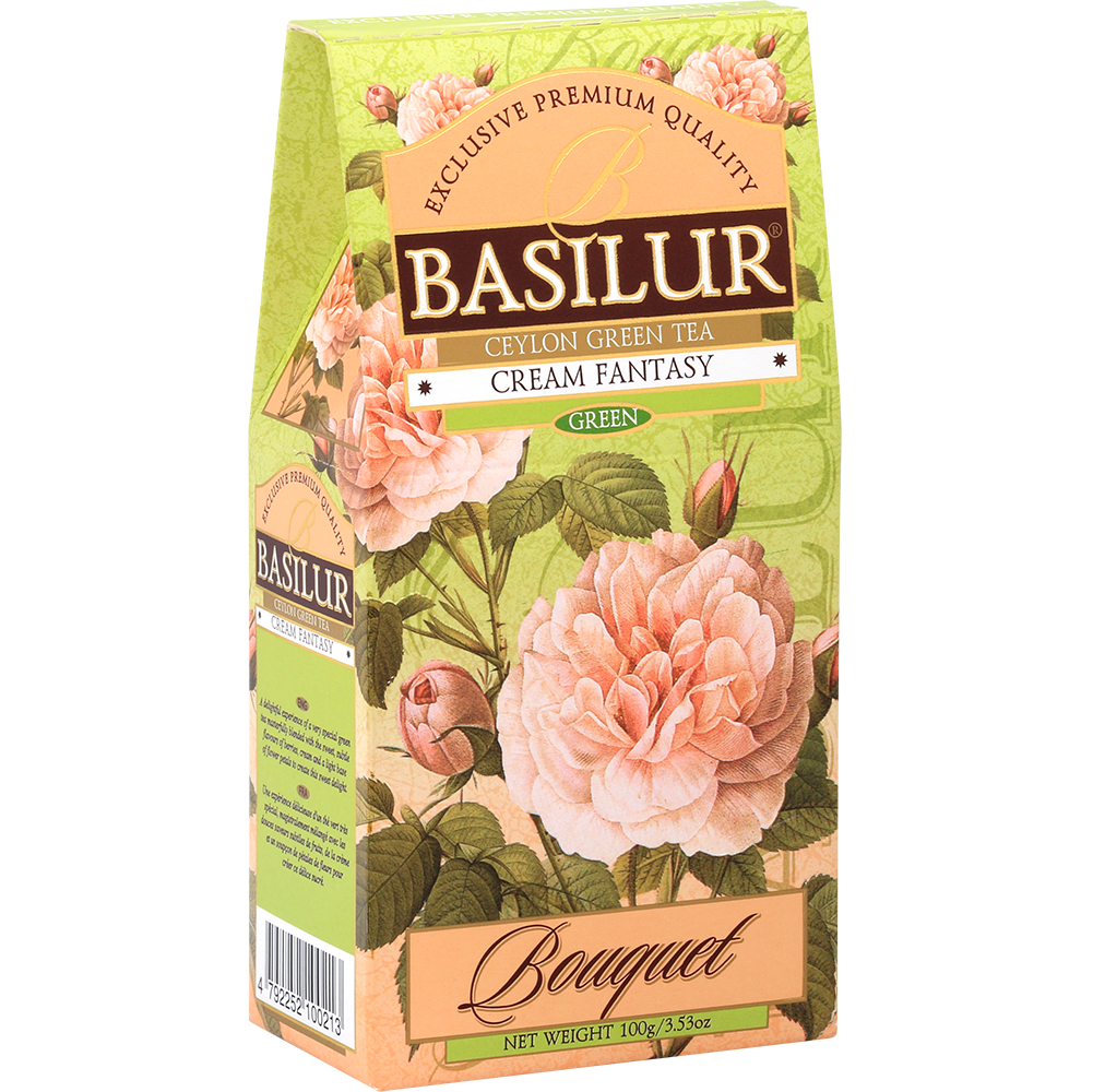 Bok pudełka Basilur Cream Fantasy z opisem i logo marki Basilur.