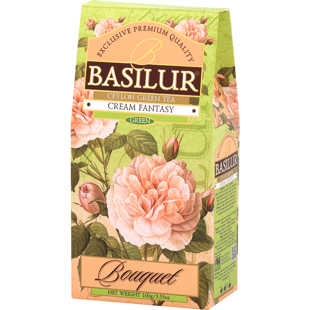Zielona herbata Basilur Cream Fantasy w ozdobnym pudełku z różami, widok z prawej strony.
