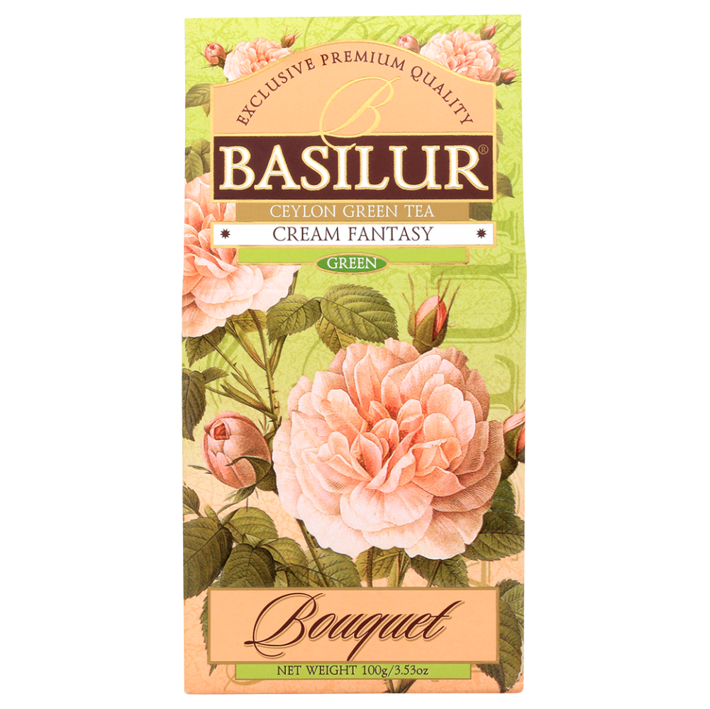 Opakowanie herbaty Basilur Cream Fantasy 100 g z serii Bouquet, widok z przodu.