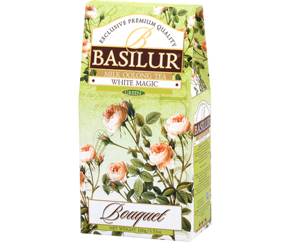 Bok pudełka herbaty Basilur White Magic – elegancka zielona herbata oolong.