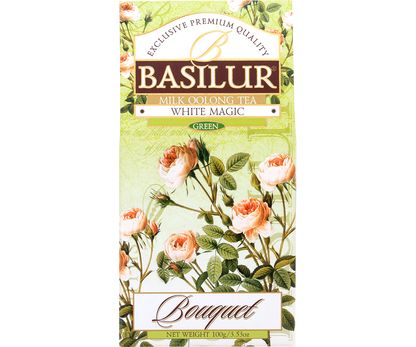 Przód opakowania herbaty Basilur White Magic z serii Bouquet, ozdobiony delikatnymi kwiatami.
