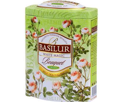 Bok puszki Basilur White Magic – elegancki wzór z różami.