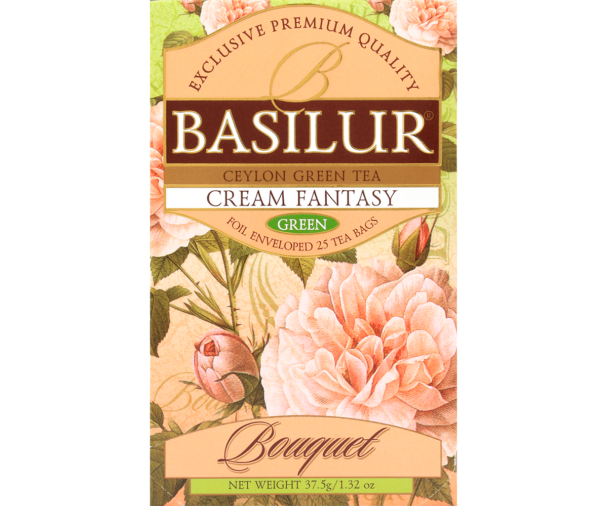 Przód opakowania Basilur Cream Fantasy z kwiatowym motywem.