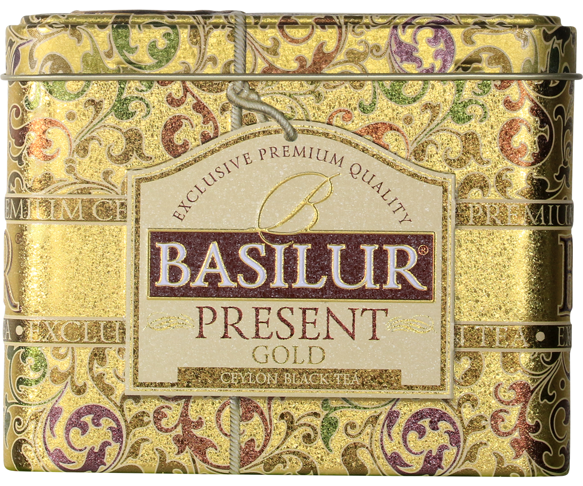 Puszka Basilur Present Gold z ozdobnym wzorem i logo producenta