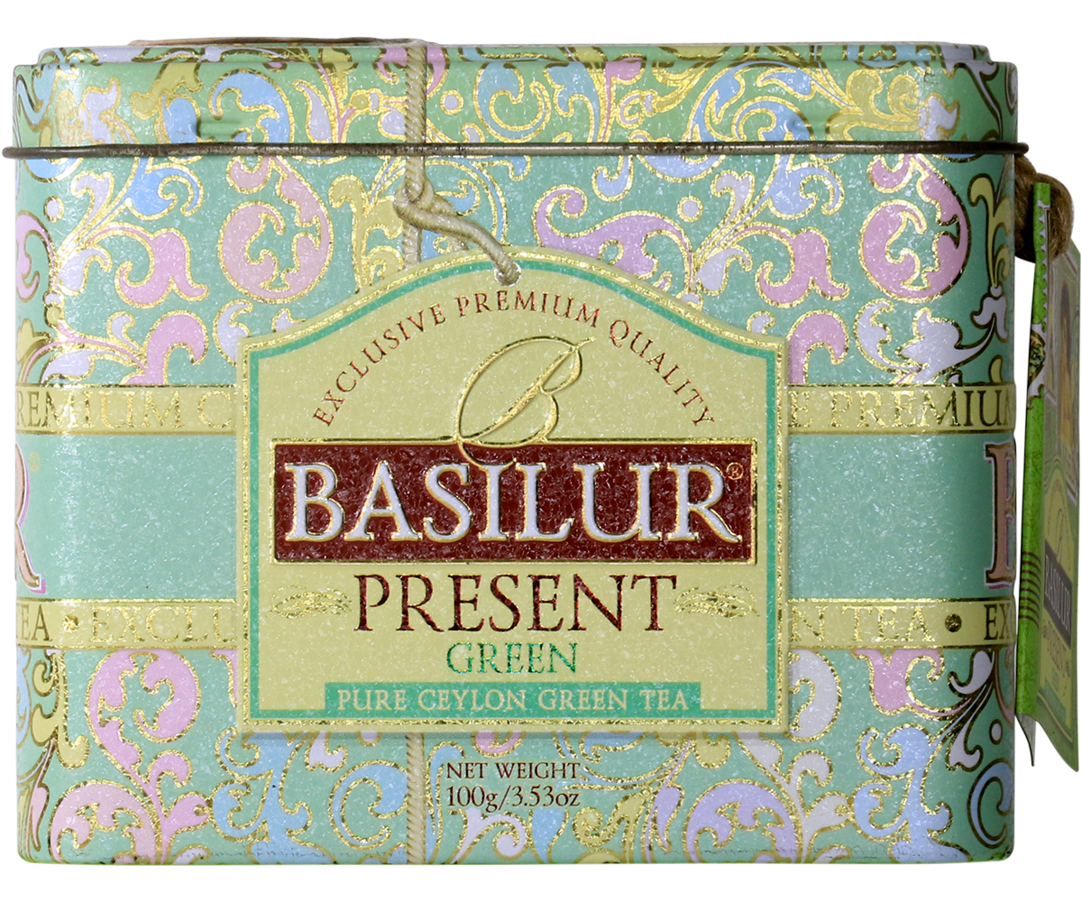 Front opakowania herbaty Basilur Present Green z eleganckim zdobieniem.
