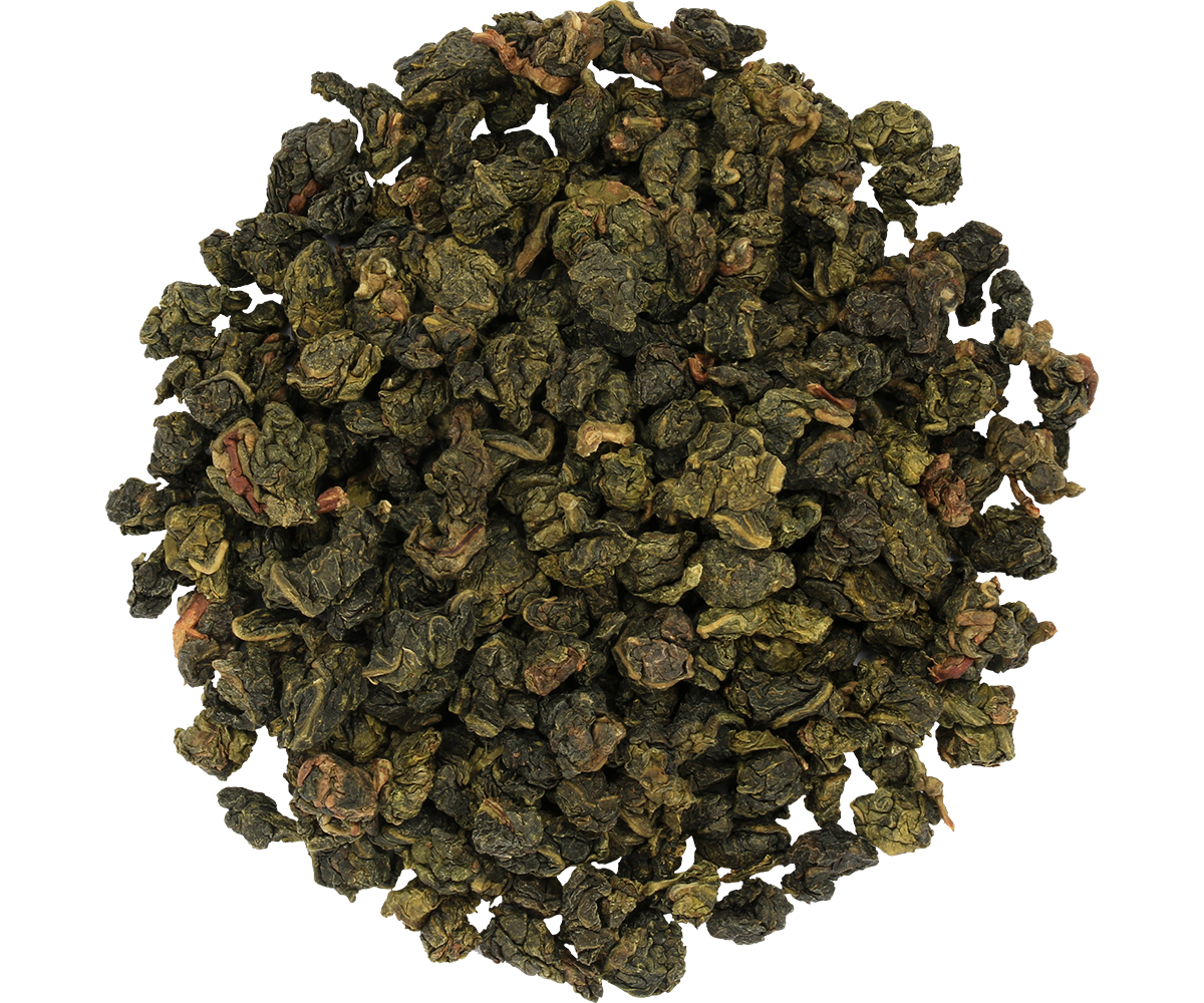 Liście herbaty Basilur Oolong Green Tea – zwinięte, zielono-brązowe oolong.