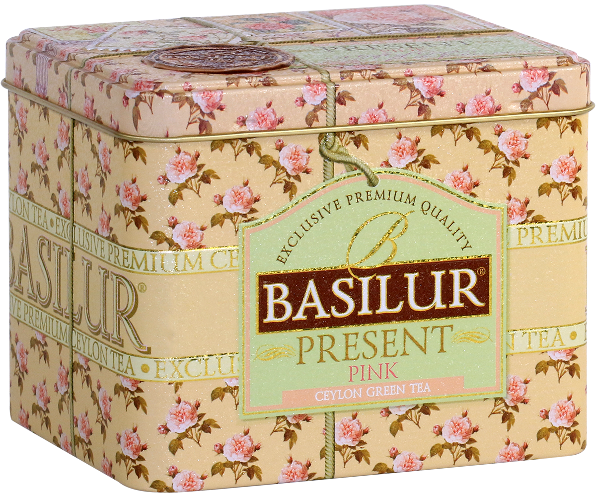 Puszka herbaty Basilur Present Pink ozdobiona motywem róż.