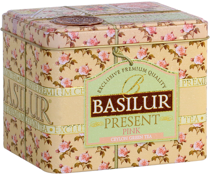 Puszka herbaty Basilur Present Pink ozdobiona motywem róż.