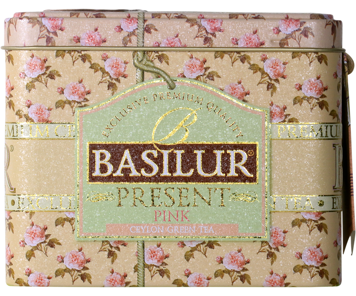 Front opakowania Basilur Present Pink – elegancka puszka z różanym wzorem.
