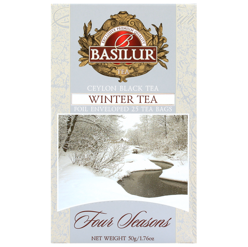 Front pudełka Basilur Winter Tea Four Seasons z grafiką zimowego krajobrazu