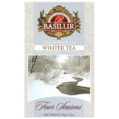 Front pudełka Basilur Winter Tea Four Seasons z grafiką zimowego krajobrazu