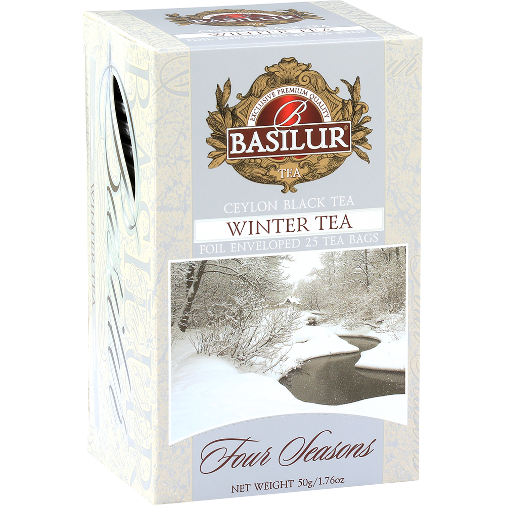 Pudełko Basilur Winter Tea Four Seasons z zimowym krajobrazem na froncie.