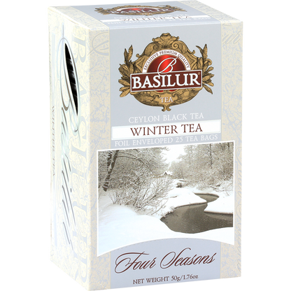 Pudełko Basilur Winter Tea Four Seasons z zimowym krajobrazem na froncie.