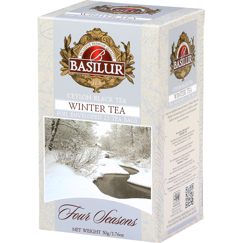 Pudełko Basilur Winter Tea ustawione pod kątem, z widocznym frontem i bocznym okienkiem