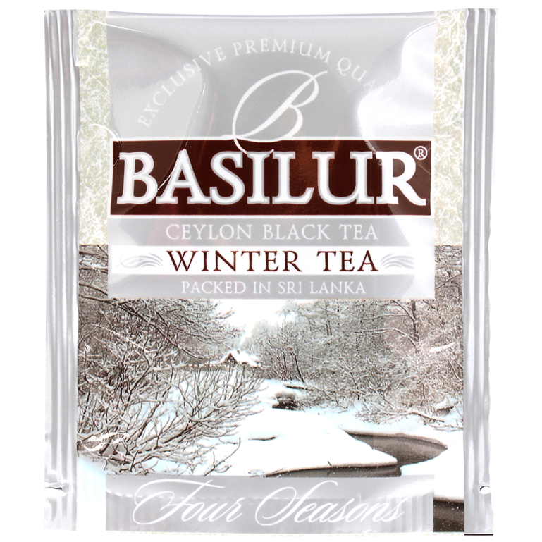 Koperta herbaty Basilur Winter Tea z zimowym krajobrazem i napisem Ceylon Black Tea.