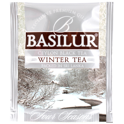 Koperta herbaty Basilur Winter Tea z zimowym krajobrazem i napisem Ceylon Black Tea.