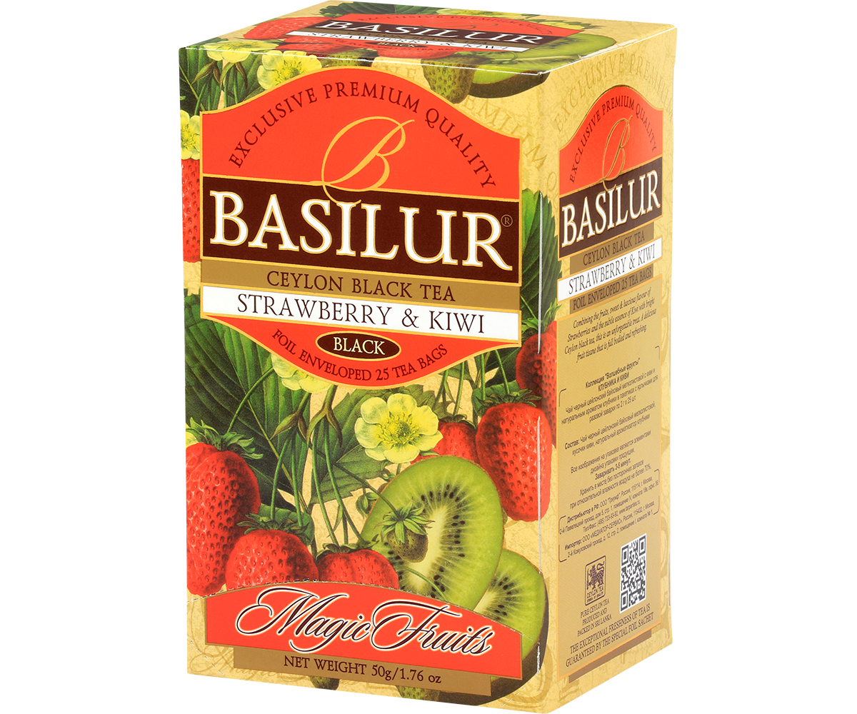 Bok pudełka Basilur Strawberry & Kiwi z ilustracjami owoców.