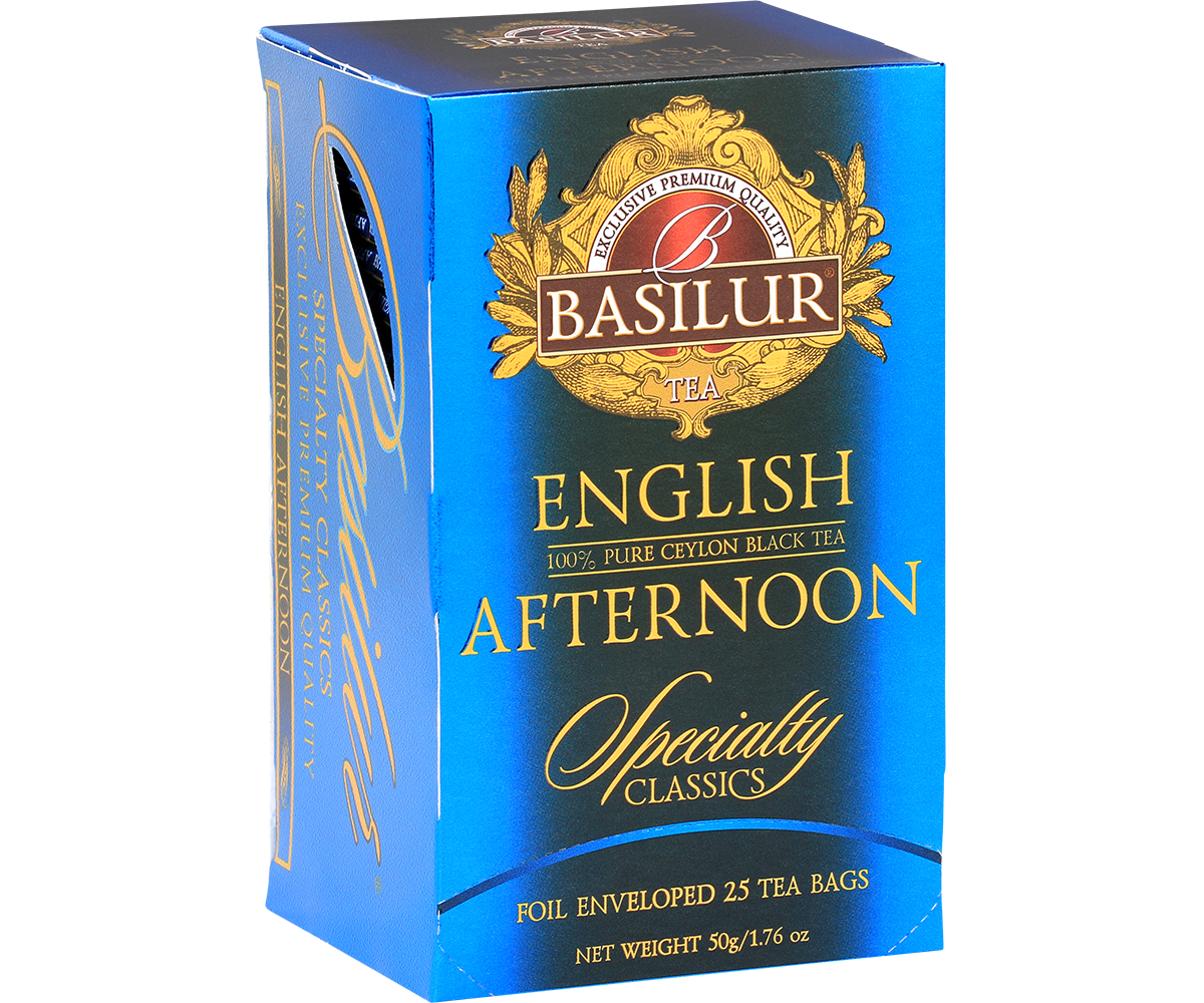 Bok pudełka Basilur English Afternoon z opisem i logo marki.
