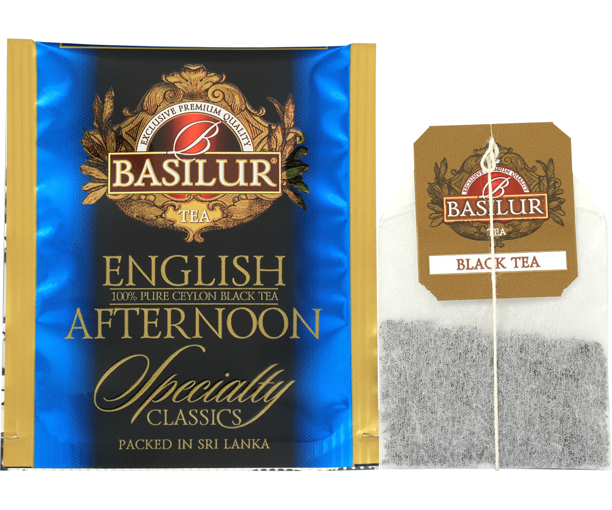 Saszetka herbaty Basilur English Afternoon w złoto-niebieskiej kopercie i torebka z logo Basilur.