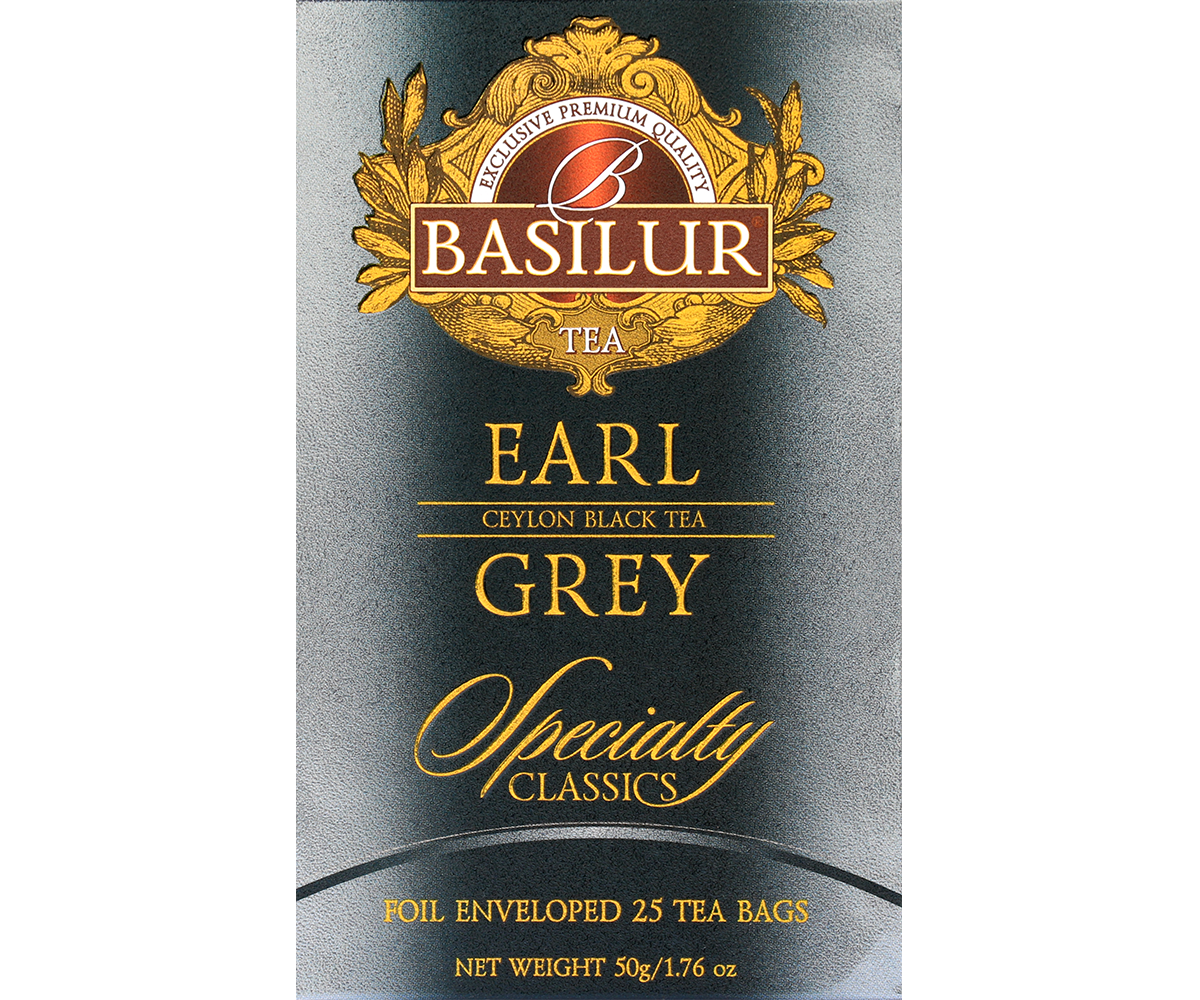 Przód opakowania herbaty Basilur Earl Grey Specialty Classics, eleganckie granatowo-złote pudełko.