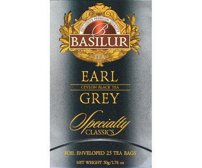 Przód opakowania herbaty Basilur Earl Grey Specialty Classics, eleganckie granatowo-złote pudełko.
