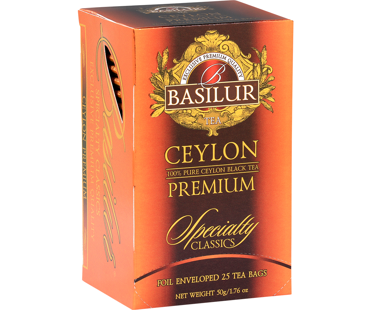 Bok pudełka Basilur Ceylon Premium z logo i opisem produktu.