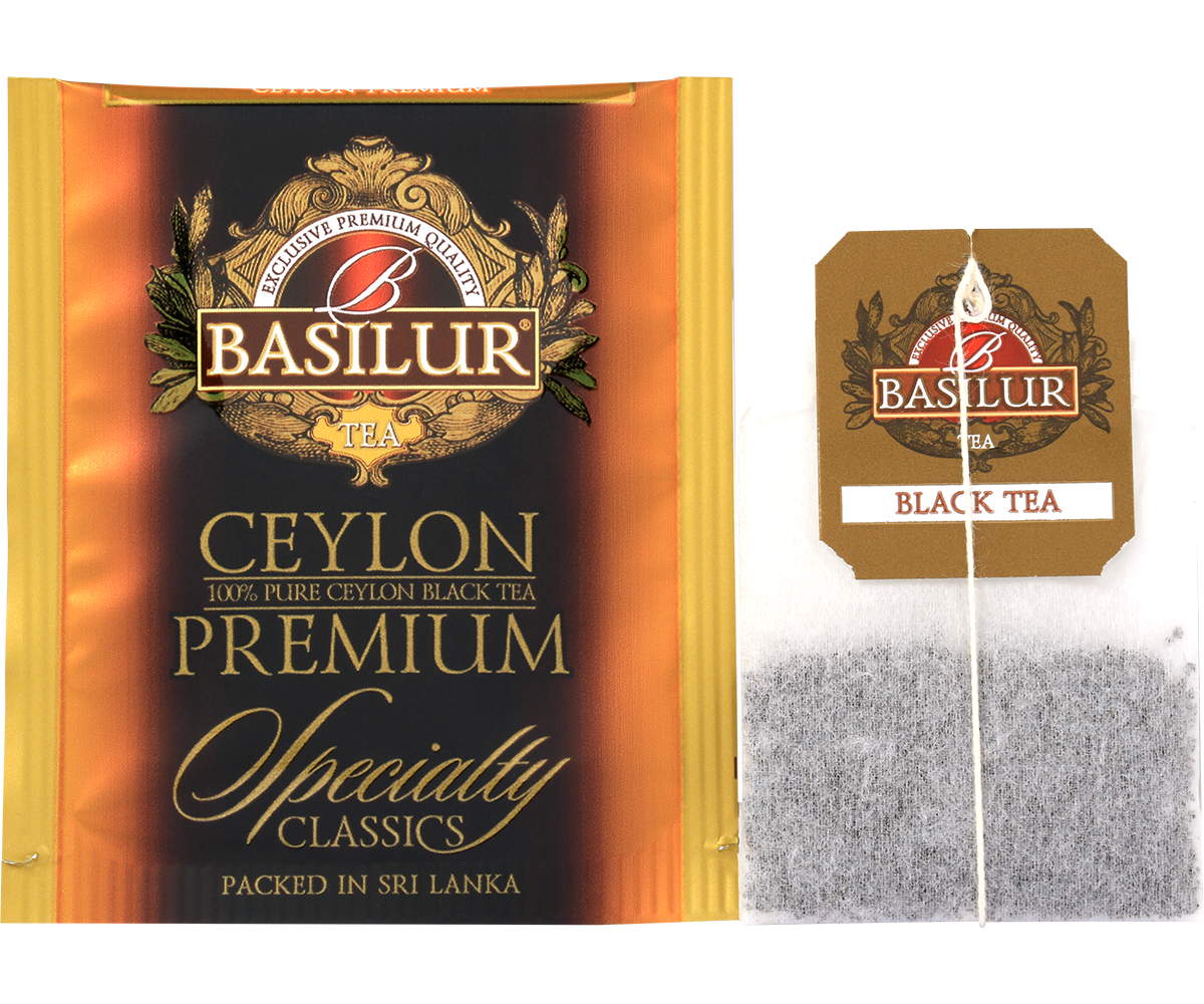 Torebka i koperta herbaty Basilur Ceylon Premium – czarna herbata cejlońska.