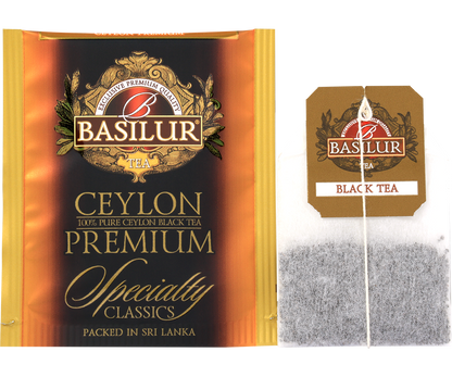 Torebka i koperta herbaty Basilur Ceylon Premium – czarna herbata cejlońska.