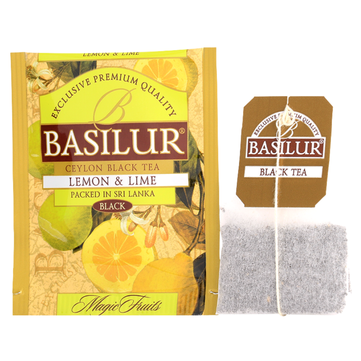 Koperta herbaty Basilur Lemon & Lime oraz torebka herbaty czarnej z etykietą.