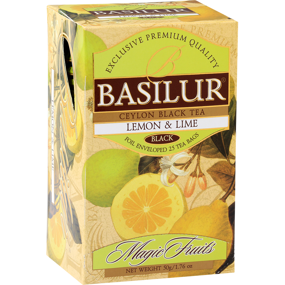 Bok pudełka Basilur Lemon & Lime z owocowym wzorem.