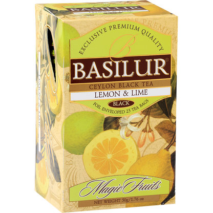 Bok pudełka Basilur Lemon & Lime z owocowym wzorem.