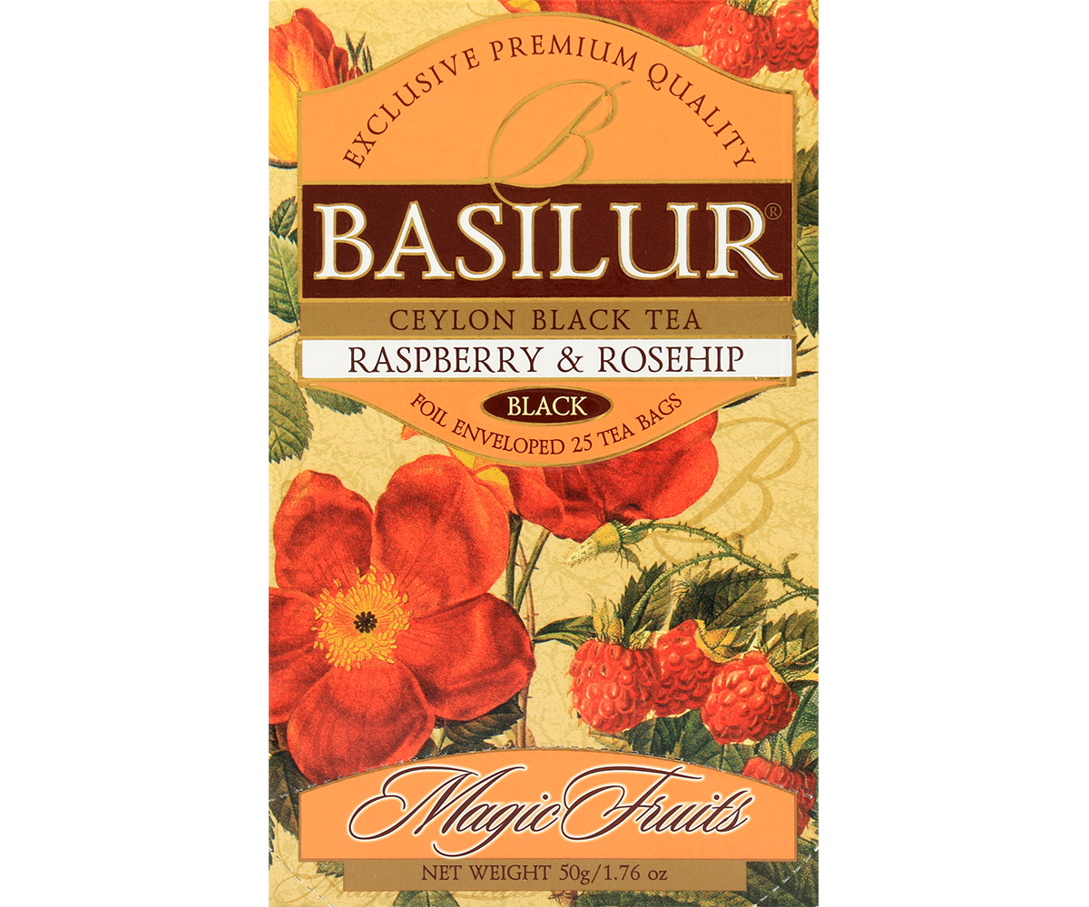 Przód opakowania Basilur Raspberry & Rosehip – czarna herbata z maliną i dziką różą.