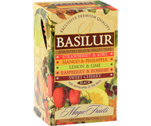 Herbata Basilur Magic Fruits – kolorowe opakowanie z motywami owoców tropikalnych.