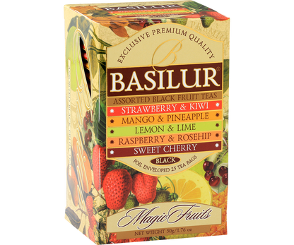 Herbata Basilur Magic Fruits – kolorowe opakowanie z motywami owoców tropikalnych.