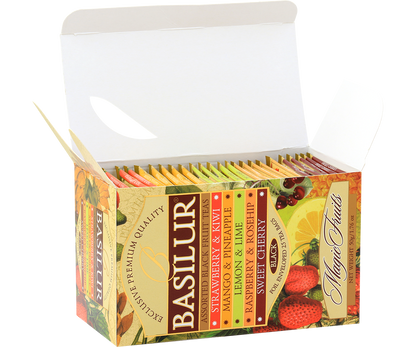 Otwarte opakowanie herbaty Basilur Magic Fruits z widocznymi kolorowymi saszetkami owocowych herbat.