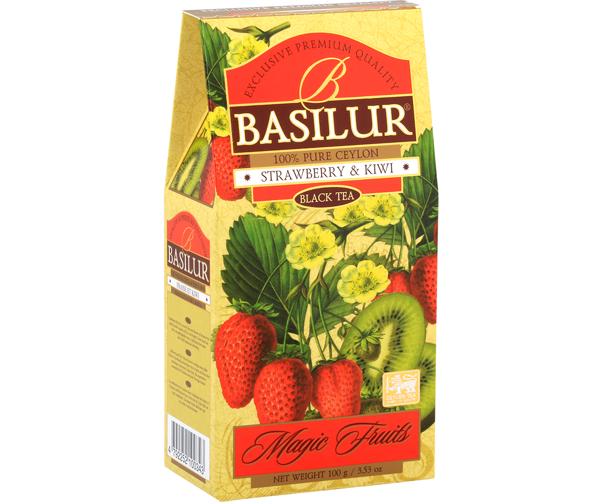 Bok pudełka Basilur Strawberry & Kiwi z ilustracjami truskawek i kiwi.