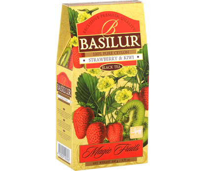 Bok pudełka Basilur Strawberry & Kiwi z ilustracjami truskawek i kiwi.