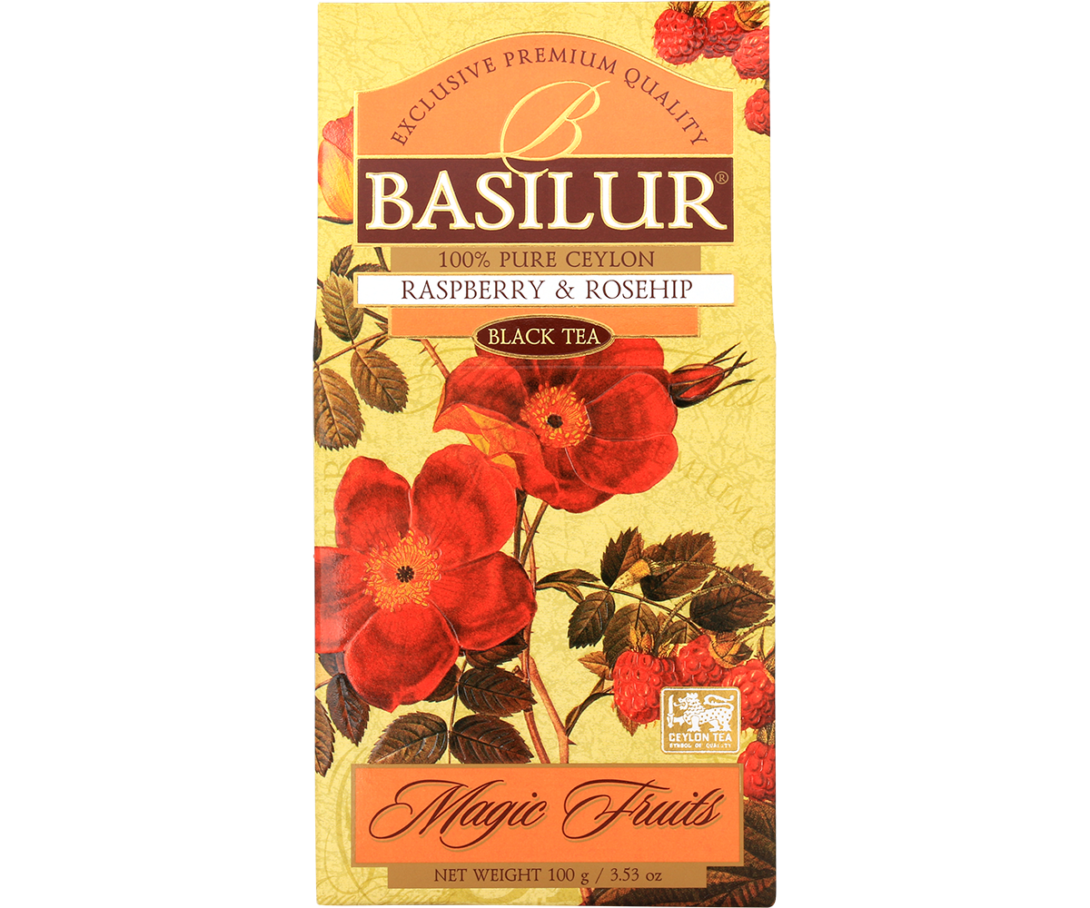 Przód opakowania Basilur Raspberry & Rosehip – czarna herbata z maliną i dziką różą.
