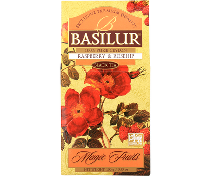 Przód opakowania Basilur Raspberry & Rosehip – czarna herbata z maliną i dziką różą.