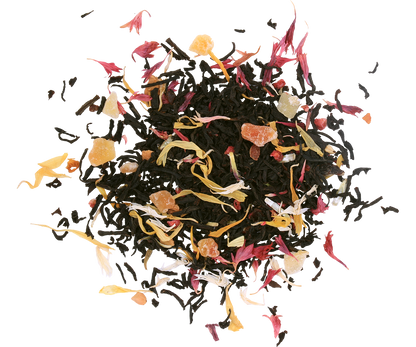 Susz herbaty Basilur Raspberry & Rosehip z kawałkami owoców i płatkami kwiatów.