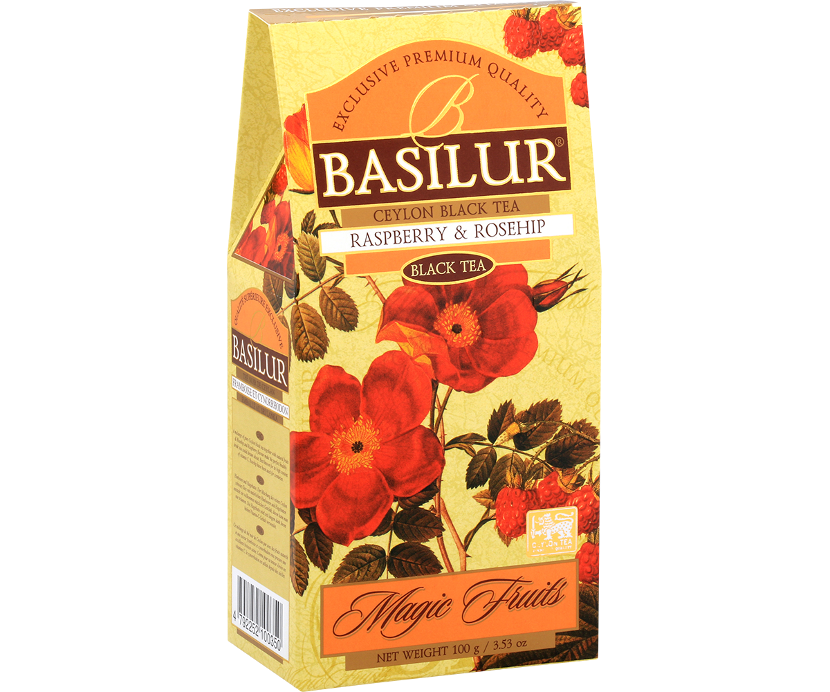 Bok pudełka Basilur Raspberry & Rosehip z opisem herbaty.