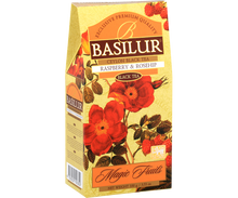 Bok pudełka Basilur Raspberry & Rosehip z opisem herbaty.